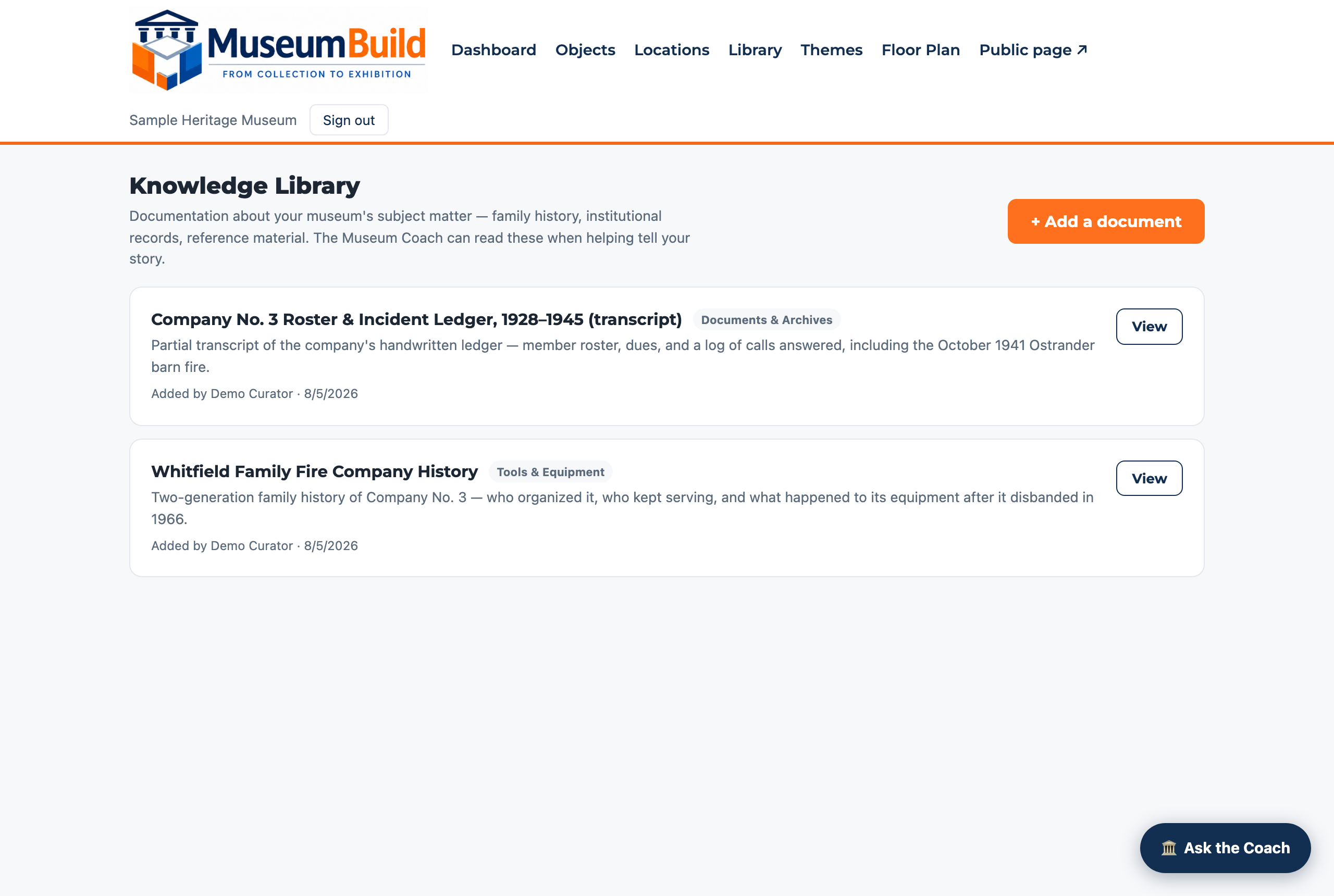 Two documents in the Knowledge Library: a family history and a fire company incident ledger transcript