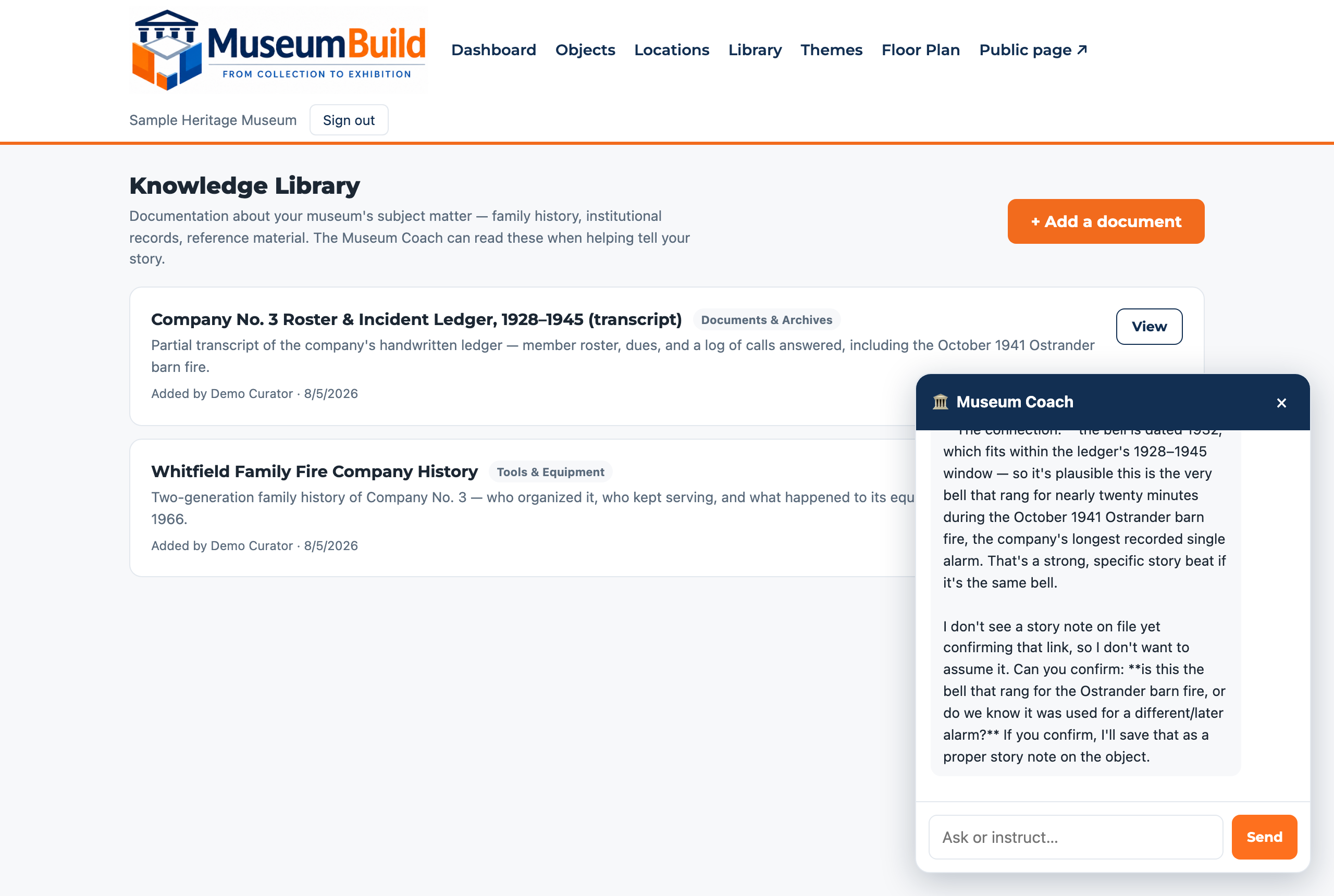 The Museum Coach reading two knowledge-library documents and asking the curator to confirm a possible connection before saving it